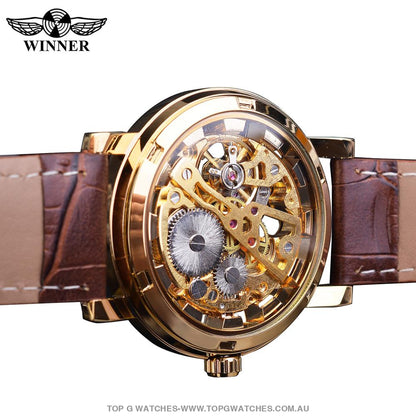 Winner Transparent Golden Case Casual Leather Mens Luxury Mechanical Skeleton Watch - Top G Watches