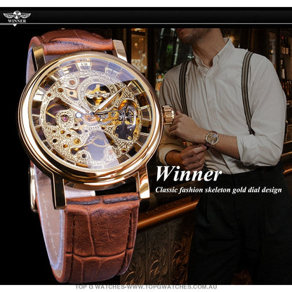 Winner Transparent Golden Case Casual Leather Mens Luxury Mechanical Skeleton Watch - Top G Watches