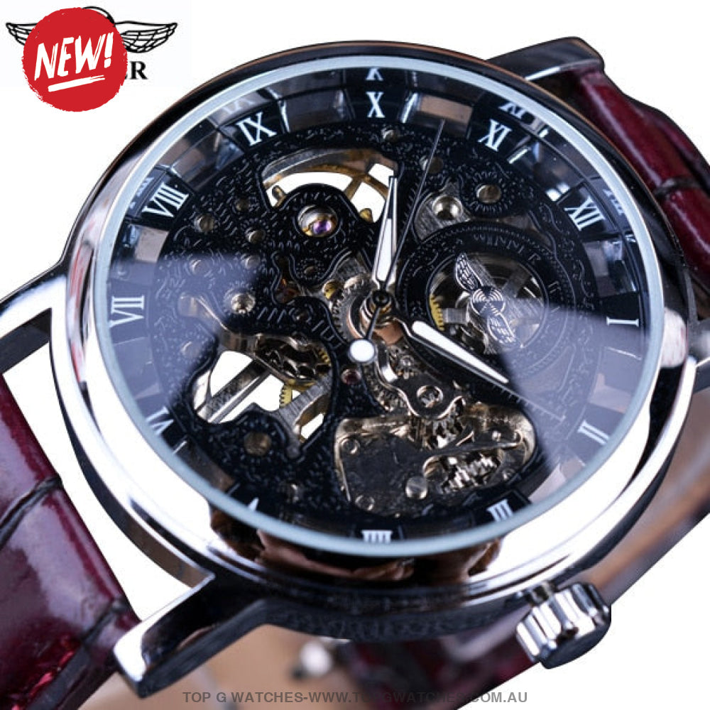 Winner Transparent Golden Case Casual Leather Mens Luxury Mechanical Skeleton Watch - Top G Watches