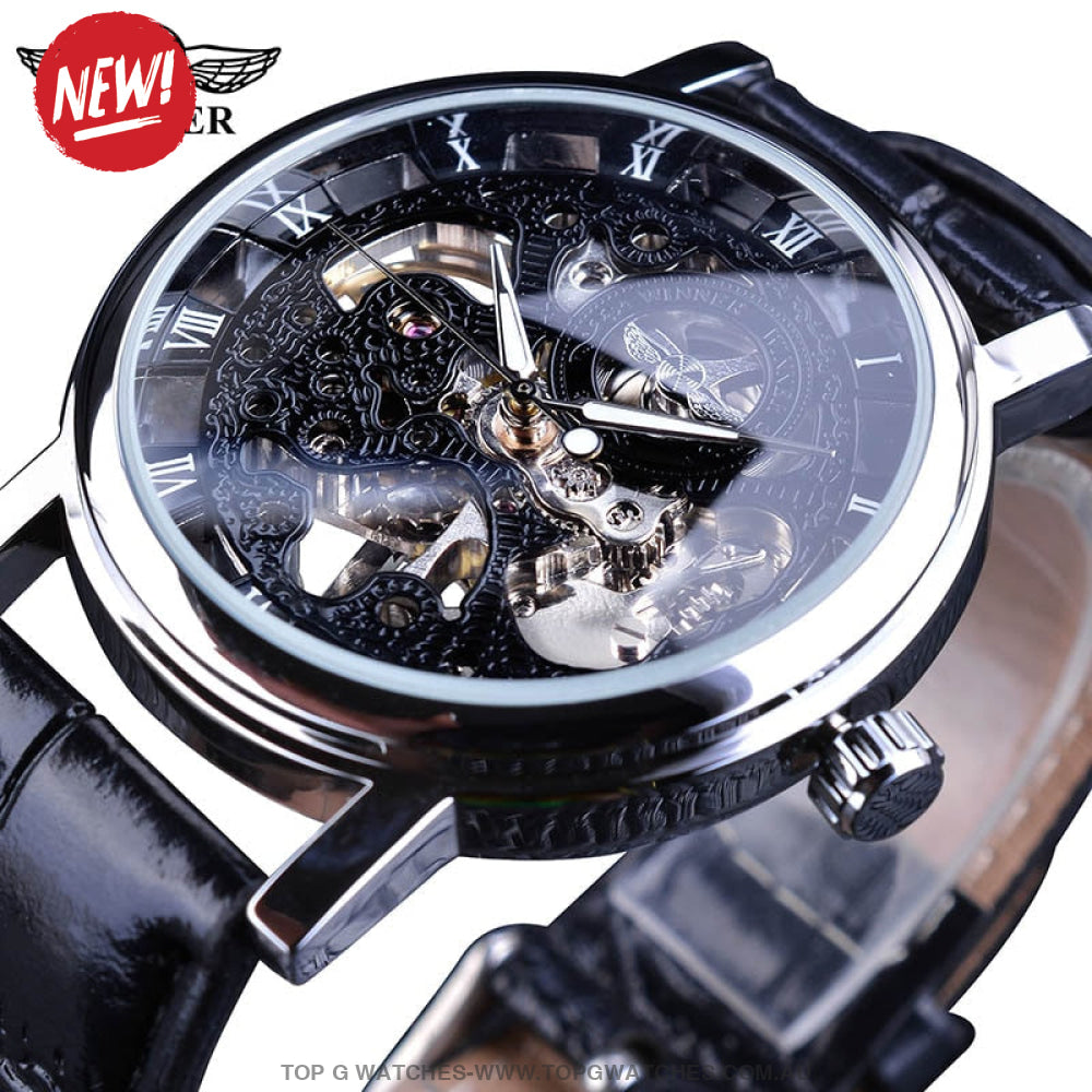 Winner Transparent Golden Case Casual Leather Mens Luxury Mechanical Skeleton Watch - Top G Watches