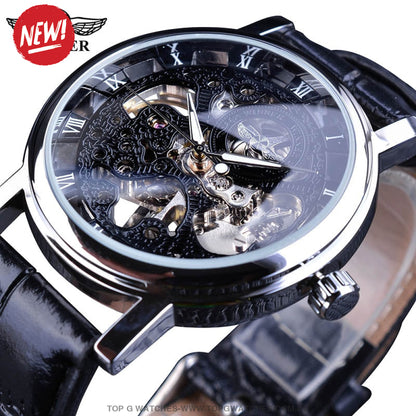 Winner Transparent Golden Case Casual Leather Mens Luxury Mechanical Skeleton Watch - Top G Watches