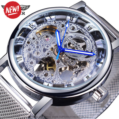 Winner Transparent Golden Case Casual Leather Mens Luxury Mechanical Skeleton Watch - Top G Watches