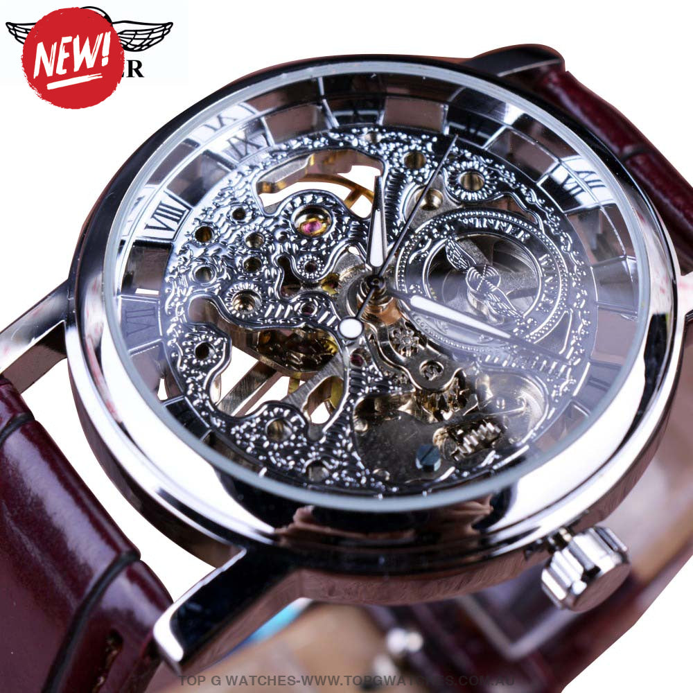 Winner Transparent Golden Case Casual Leather Mens Luxury Mechanical Skeleton Watch - Top G Watches