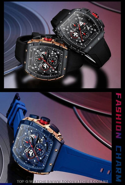 Tonneau Sport Chronograph Mechanical Quartz Fashion Tonneau Dial Wristwatch - Top G Watches