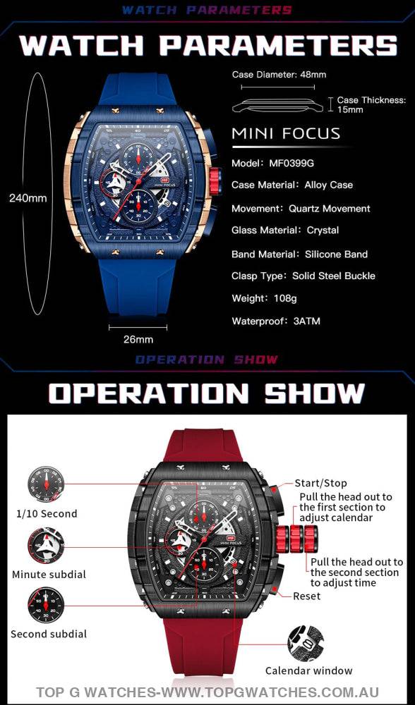 Tonneau Sport Chronograph Mechanical Quartz Fashion Tonneau Dial Wristwatch - Top G Watches