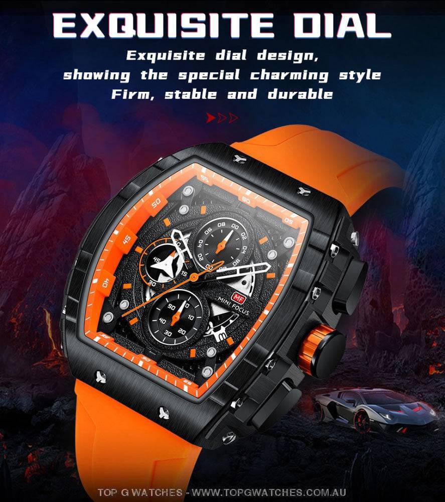 Tonneau Sport Chronograph Mechanical Quartz Fashion Tonneau Dial Wristwatch - Top G Watches