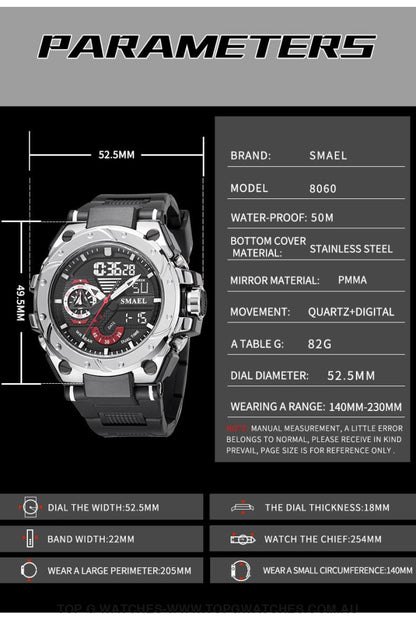 Top Unique Sport SMAEL 50M Waterproof Alarm Dual Digital Quarts 8060 Sport Watch - Top G Watches