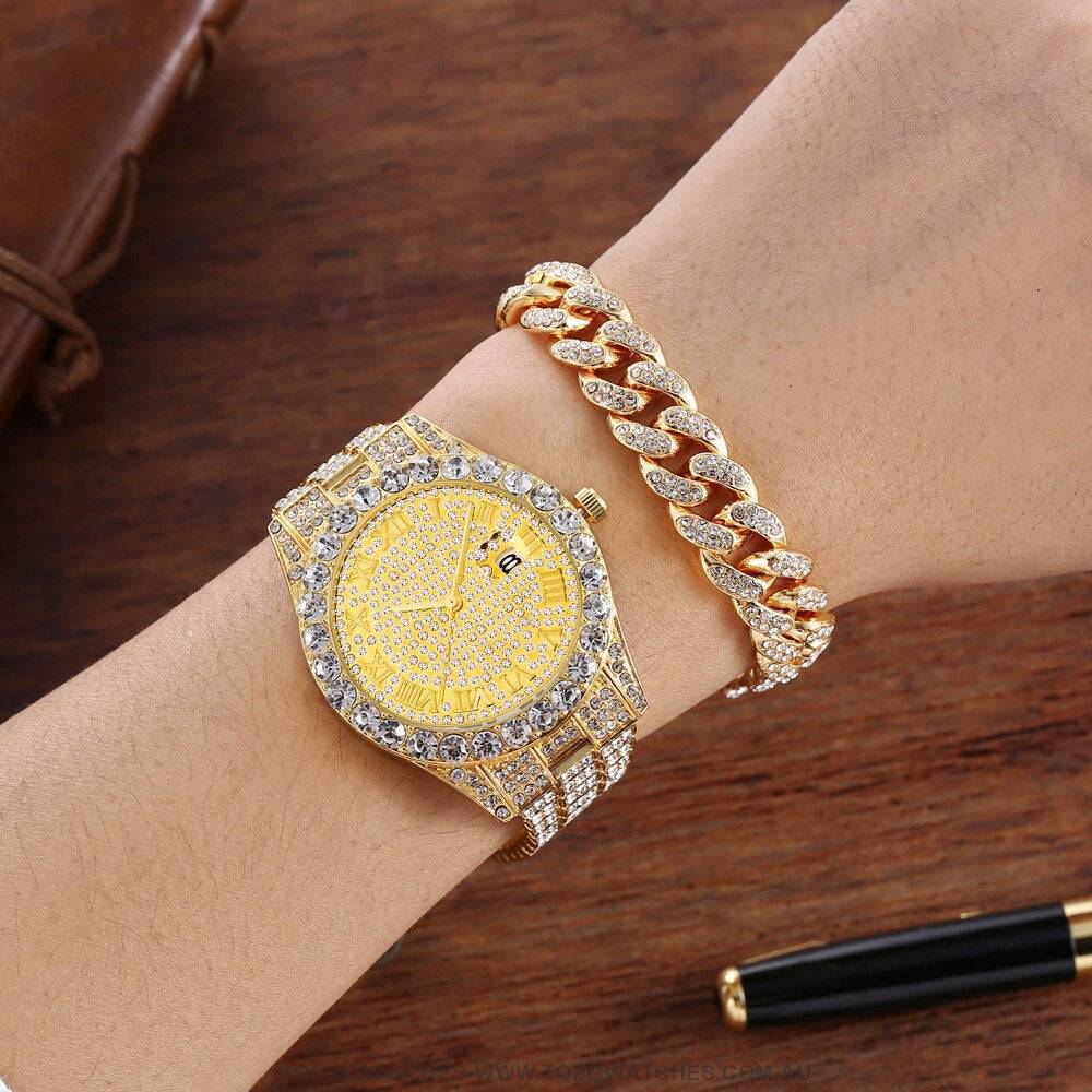 Watch and bracelet flamboyant bling metal shops watch and bracelet set gold color