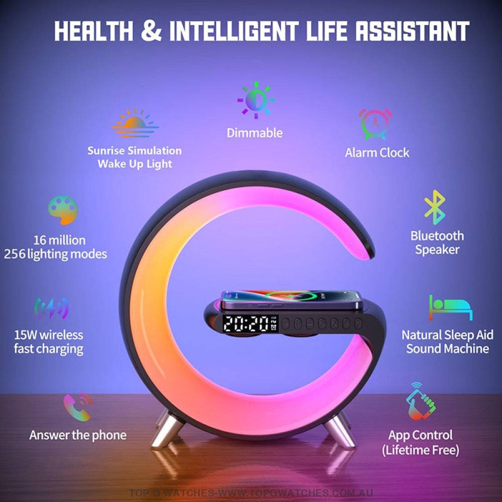 Sun Rise Simulation Alarm Clock Sleep Assist Night Light LED Wireless Charger Bluetooth Speaker Hands Free Call APP - Top G Watches