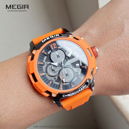 Trendy MEGIR Orange Sports Waterproof Luminous Chronograph Quartz Wristwatch - Top G Watches