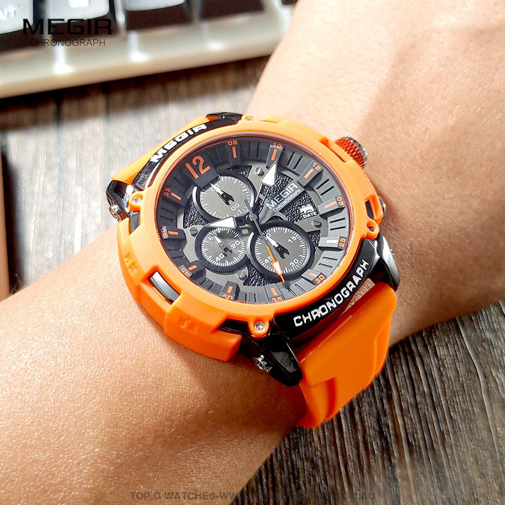 Trendy MEGIR Orange Sports Waterproof Luminous Chronograph Quartz Wristwatch - Top G Watches