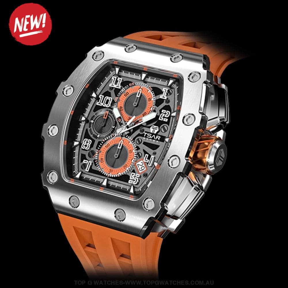 Official TSAR BOMBA Elemental Series Quartz Movement Waterproof Watch TB8204Q Silver Orange - Top G Watches