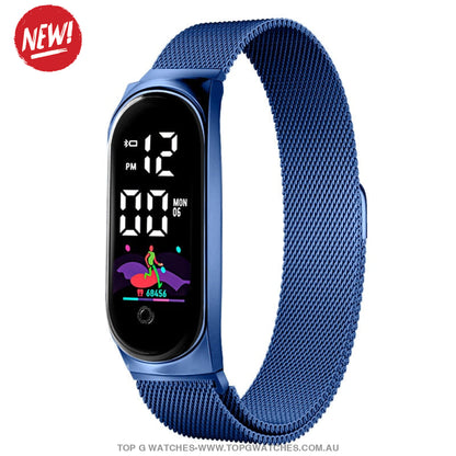 Ultra Light Luxury Stainless Steel Led Electronic Sport Digital Bracelet Smartwatch Blue