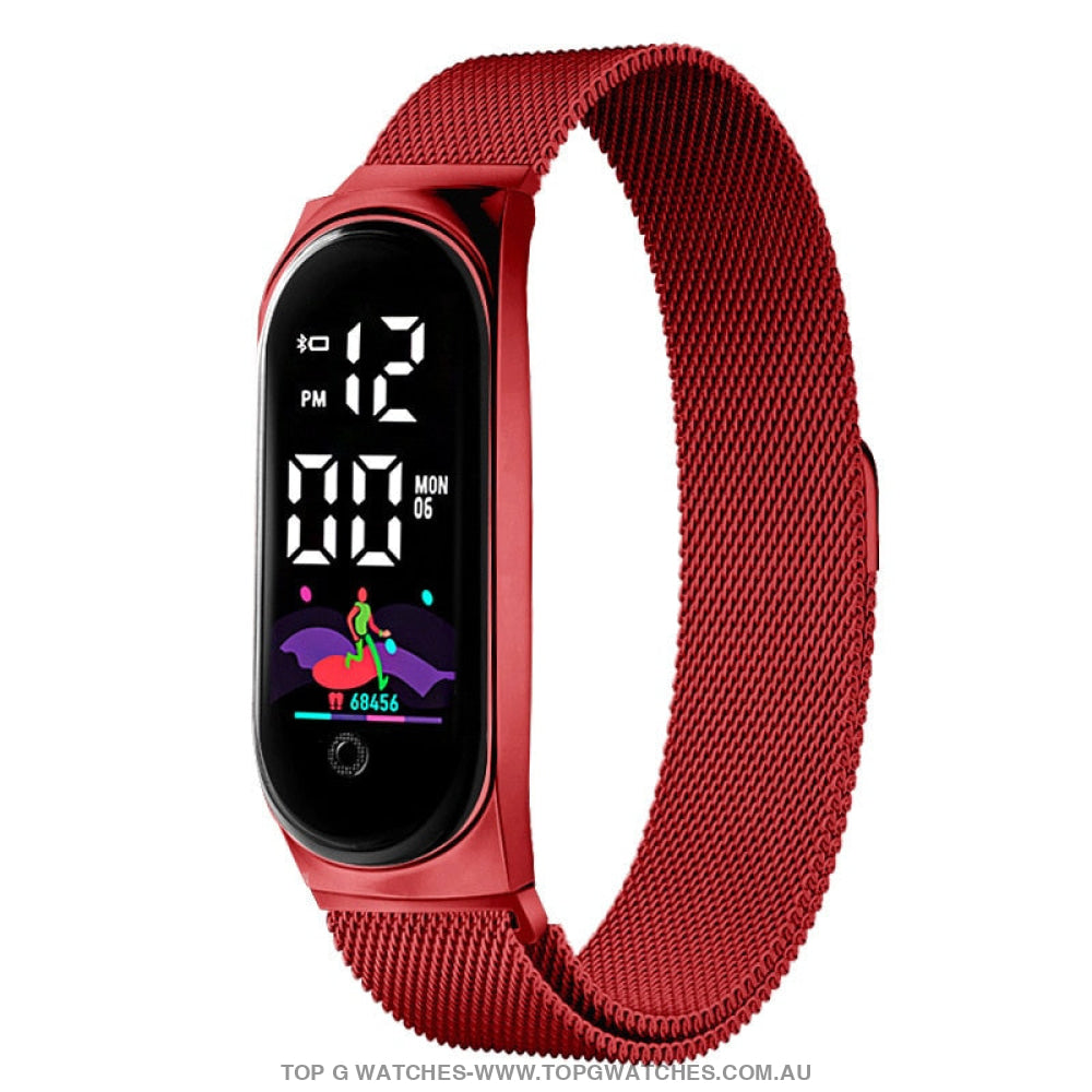 Ultra Light Luxury Stainless Steel Led Electronic Sport Digital Bracelet Smartwatch Red