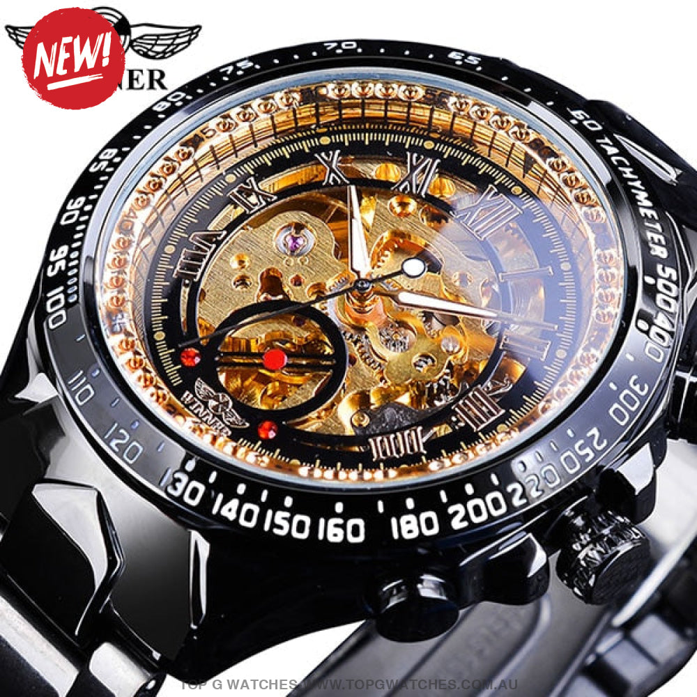Winner Mechanical Sport Design Bezel Golden Automatic Skeleton Watch - Top G Watches