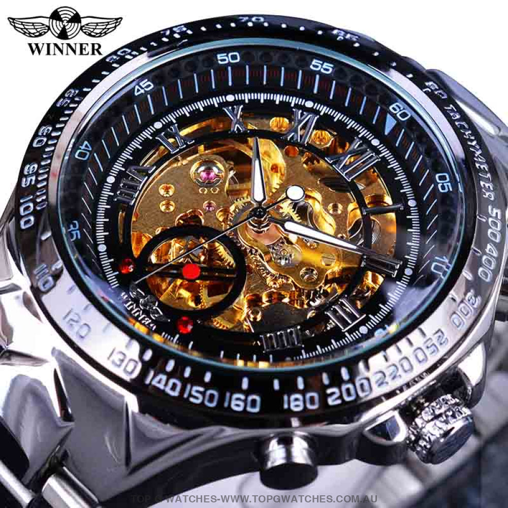 Winner Mechanical Sport Design Bezel Golden Automatic Skeleton Watch - Top G Watches